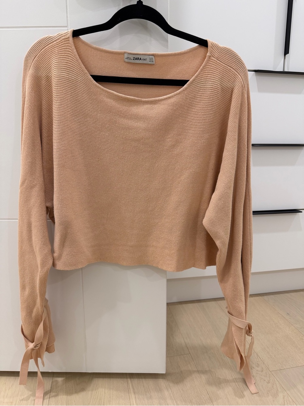 Zara Blush Tie-Cuff Cropped Scoop Neck Sweater